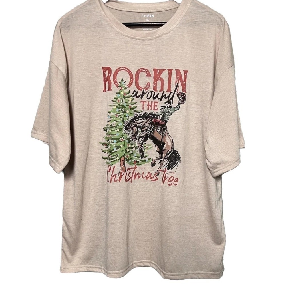 SHEIN Western Rocking Around The Christmas Tree Short Sleeve T-Shirt Beige Large